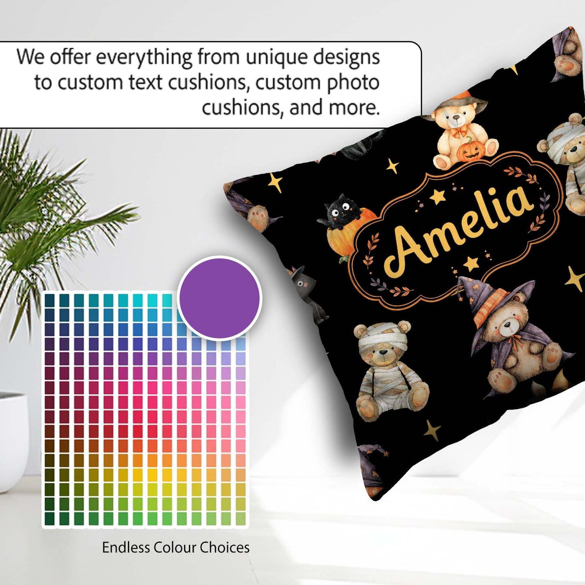 Custom Name Cute Teddy Bears Mummy Witch Cat Pumpkin Stars Black Square Filled Cushion Throw Pillow Sofa Bed Home Decor Zip Washable UK Made