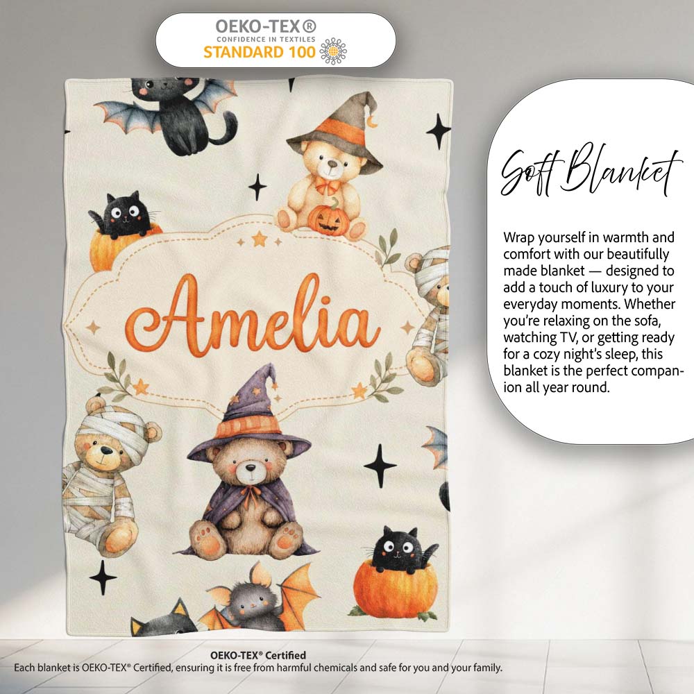 Cute Halloween Teddy Bears Mummy Witch Cat Pumpkin Stars Cream Personalised Custom Name Super Soft Fleece Blanket Bed Sofa Throw