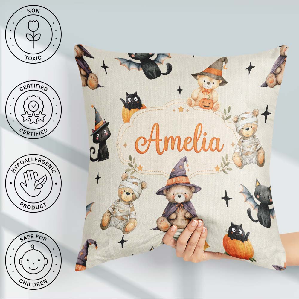 Custom Name Cute Teddy Bears Mummy Witch Cat Pumpkin Stars Cream Square Filled Cushion Throw Pillow Sofa Bed Home Decor Zip Washable UK Made