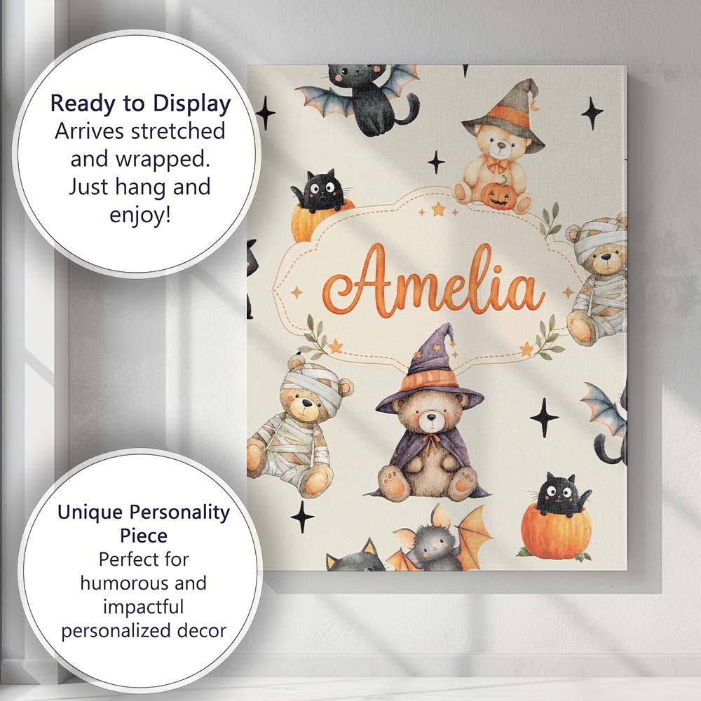 Personalised Name Cute Halloween Teddy Custom Modern Room Accent Elegant Feature Canvas Wall Art Print Decor Picture Ready to Hang