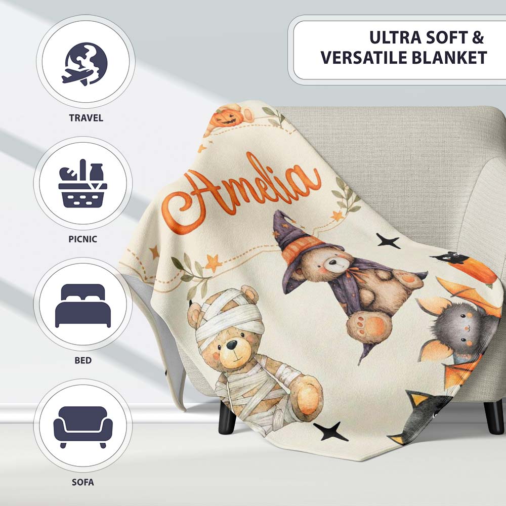 Cute Halloween Teddy Bears Mummy Witch Cat Pumpkin Stars Cream Personalised Custom Name Super Soft Fleece Blanket Bed Sofa Throw