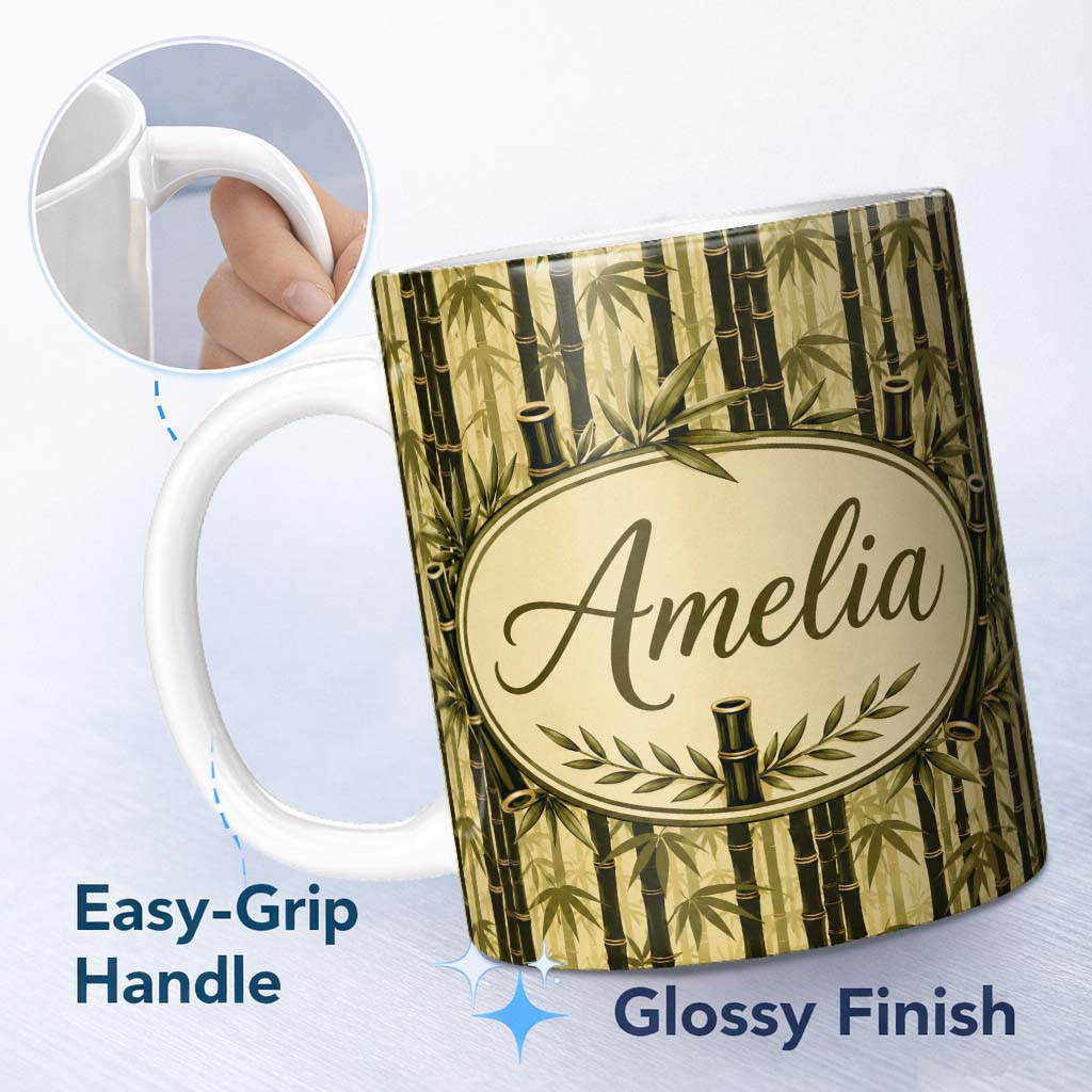 Personalized Custom Name Dark Bamboo Silhouettes with Olive Green Background Seamless Pattern 11oz Ceramic Coffee Tea Mug White Large Handle