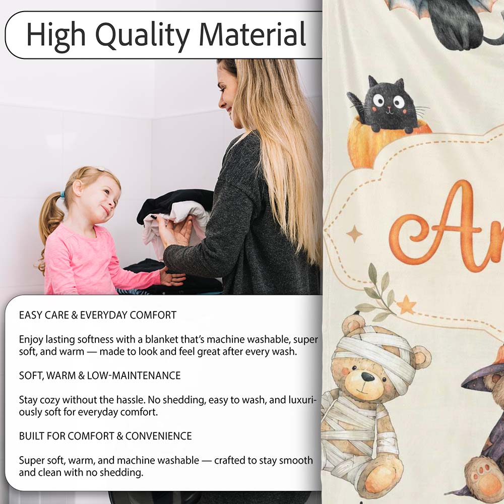 Cute Halloween Teddy Bears Mummy Witch Cat Pumpkin Stars Cream Personalised Custom Name Super Soft Fleece Blanket Bed Sofa Throw