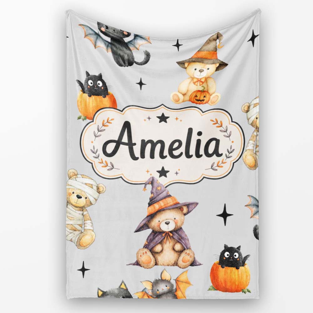 Cute Halloween Teddy Bears Mummy Witch Cat Pumpkin Stars Grey Personalised Custom Name Super Soft Fleece Blanket Bed Sofa Throw