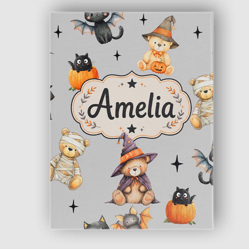 Personalised Name Cute Halloween Teddy Custom Modern Room Accent Elegant Feature Canvas Wall Art Print Decor Picture Ready to Hang