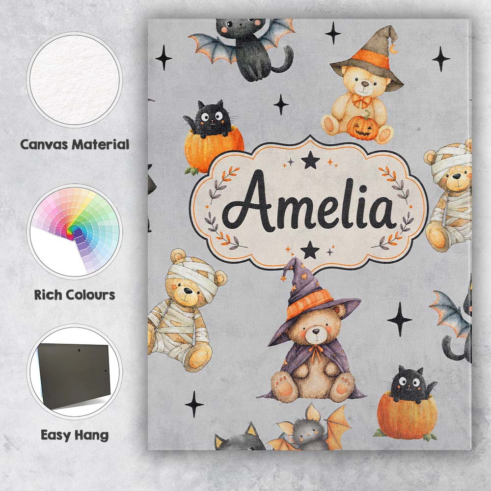 Personalised Name Cute Halloween Teddy Custom Modern Room Accent Elegant Feature Canvas Wall Art Print Decor Picture Ready to Hang