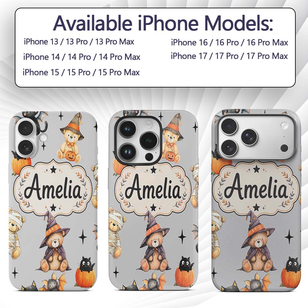 Cute Halloween Teddy Bears Mummy Printed Design Custom Name Protective Phone Case Mobile Cover Durable Everyday Smartphone Shock Resistant