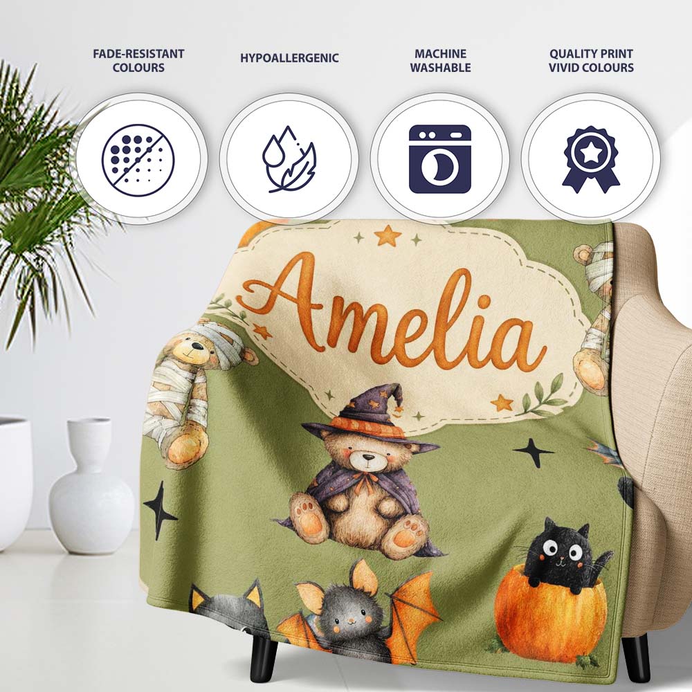 Cute Halloween Teddy Bears Mummy Witch Cat Pumpkin Stars Olive Personalised Custom Name Super Soft Fleece Blanket Bed Sofa Throw
