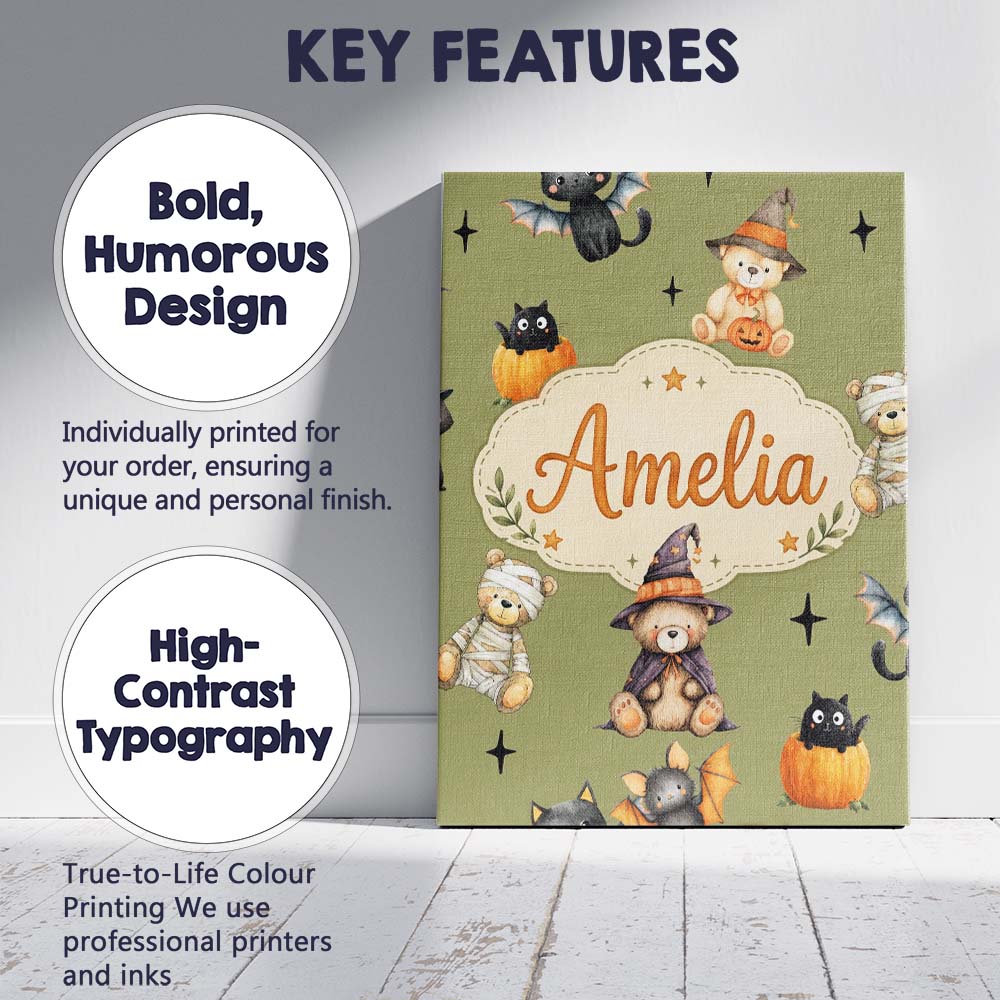 Personalised Name Cute Halloween Teddy Custom Modern Room Accent Elegant Feature Canvas Wall Art Print Decor Picture Ready to Hang