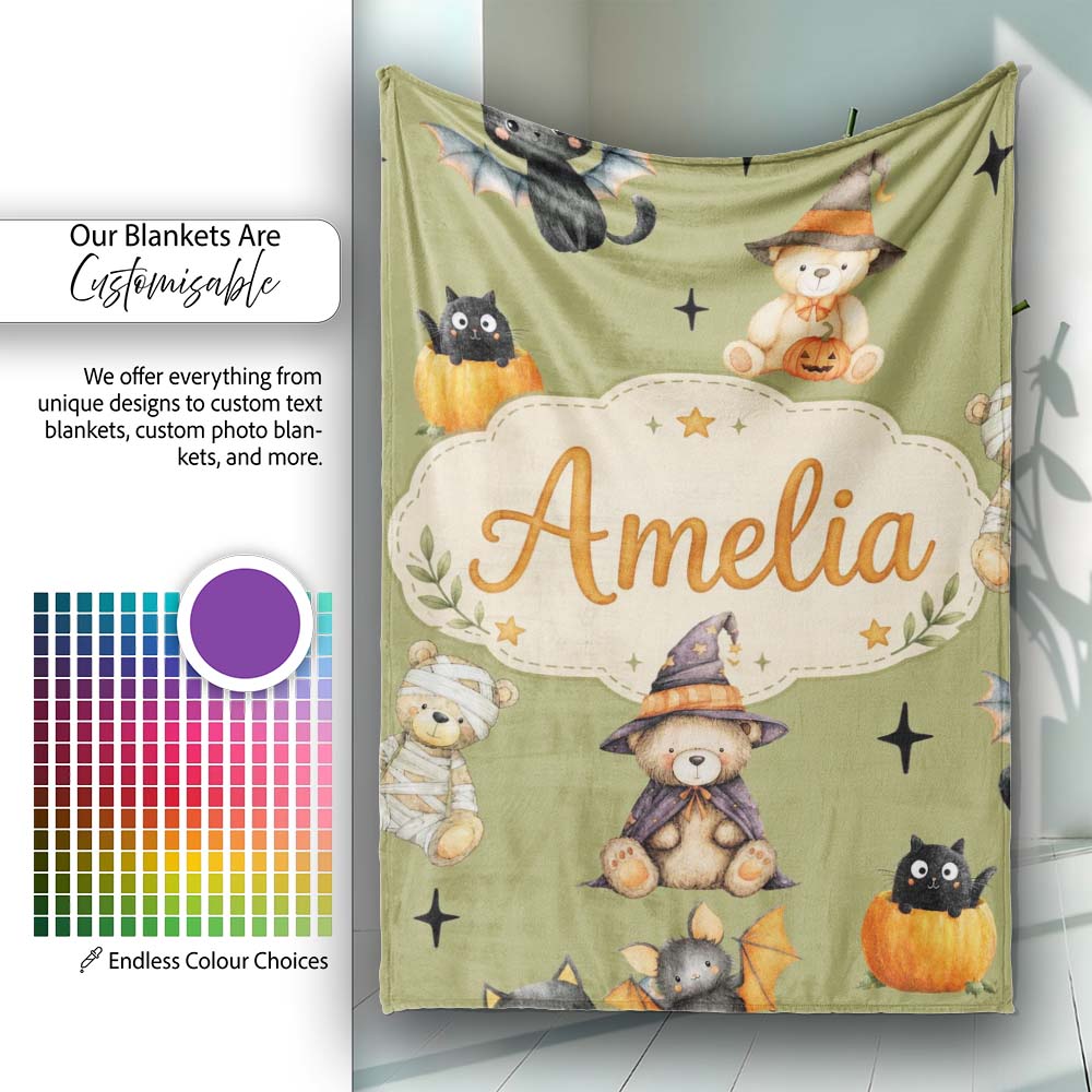 Cute Halloween Teddy Bears Mummy Witch Cat Pumpkin Stars Olive Personalised Custom Name Super Soft Fleece Blanket Bed Sofa Throw
