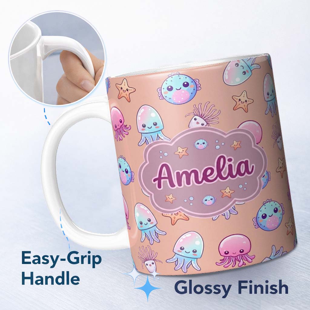 Personalized Custom Name Kawaii Jellyfish Puffer Fish Starfish Pastel Ocean Creatures Peach 11oz Ceramic Coffee Tea Mug White Large Handle