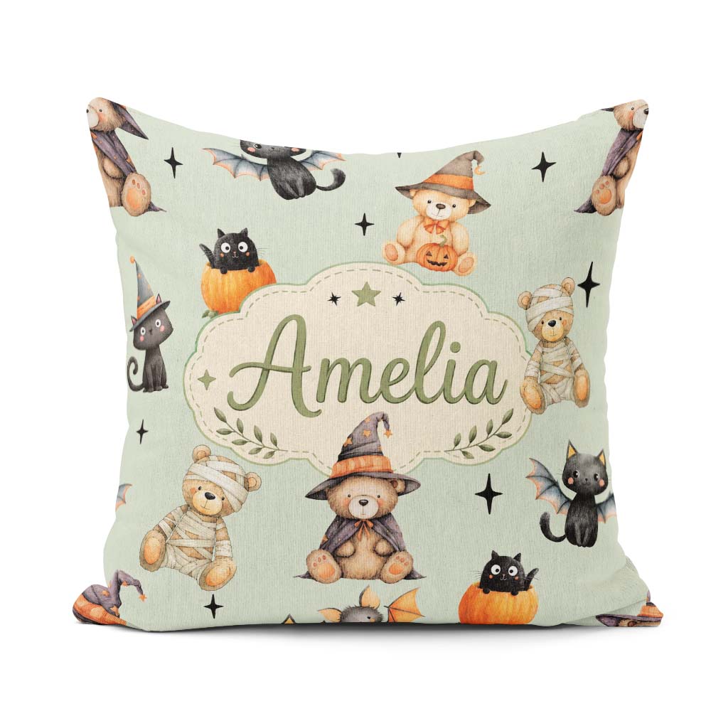 Custom Name Cute Teddy Bears Mummy Witch Cat Pumpkin Stars Sage Square Filled Cushion Throw Pillow Sofa Bed Home Decor Zip Washable UK Made