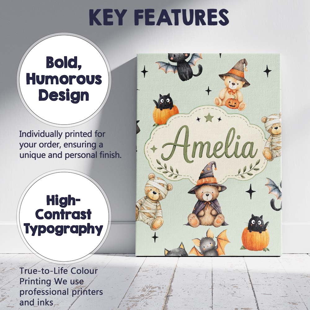 Personalised Name Cute Halloween Teddy Custom Modern Room Accent Elegant Feature Canvas Wall Art Print Decor Picture Ready to Hang