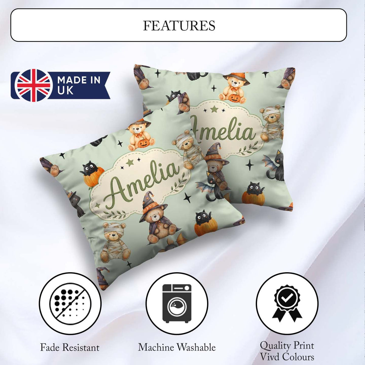 Custom Name Cute Teddy Bears Mummy Witch Cat Pumpkin Stars Sage Square Filled Cushion Throw Pillow Sofa Bed Home Decor Zip Washable UK Made