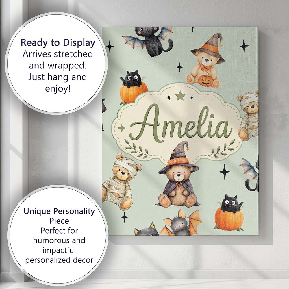Personalised Name Cute Halloween Teddy Custom Modern Room Accent Elegant Feature Canvas Wall Art Print Decor Picture Ready to Hang