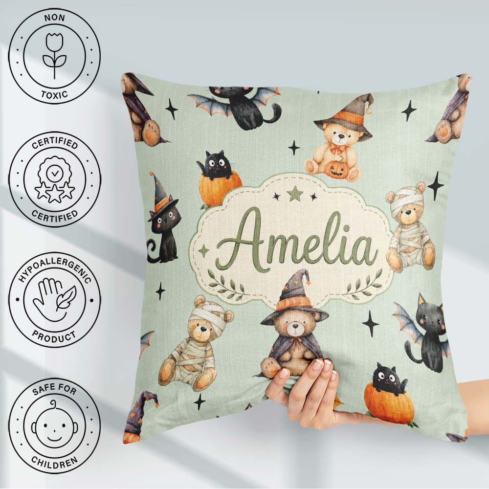 Custom Name Cute Teddy Bears Mummy Witch Cat Pumpkin Stars Sage Square Filled Cushion Throw Pillow Sofa Bed Home Decor Zip Washable UK Made