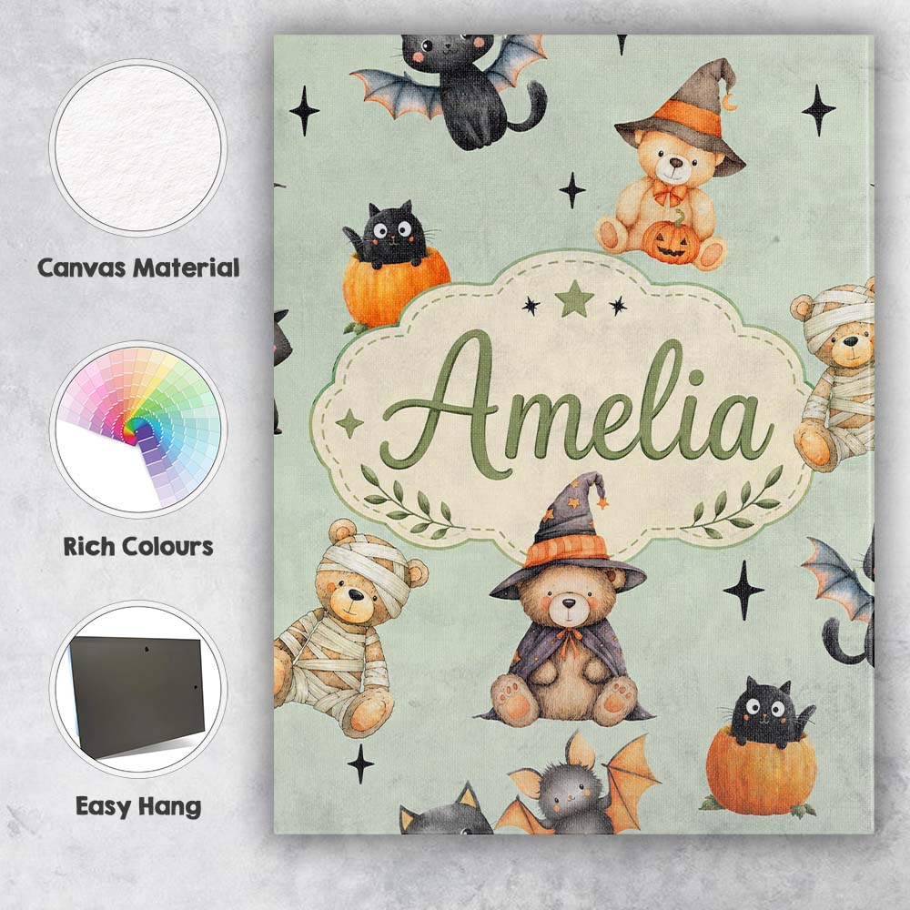 Personalised Name Cute Halloween Teddy Custom Modern Room Accent Elegant Feature Canvas Wall Art Print Decor Picture Ready to Hang
