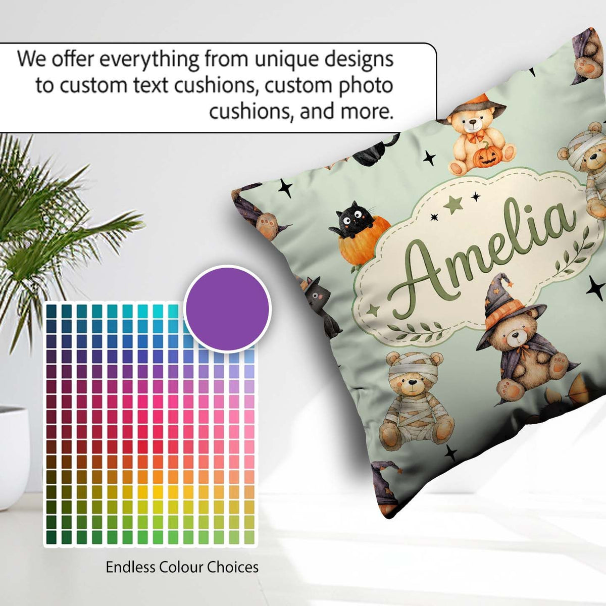 Custom Name Cute Teddy Bears Mummy Witch Cat Pumpkin Stars Sage Square Filled Cushion Throw Pillow Sofa Bed Home Decor Zip Washable UK Made