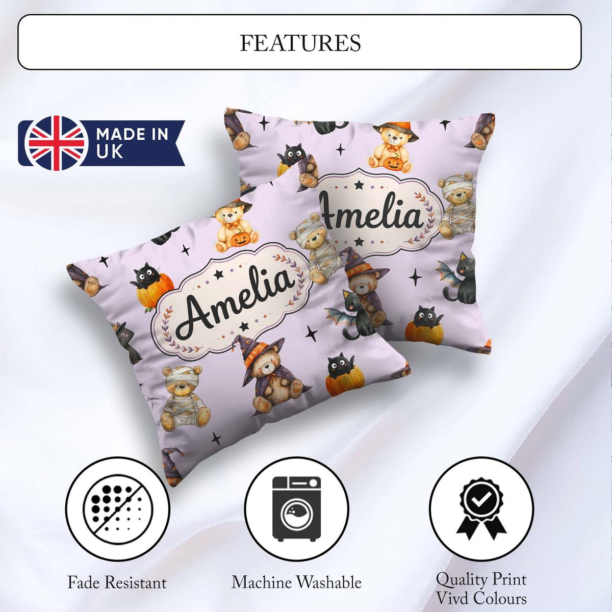 Custom Name Halloween Teddy Bears Mummy Witch Cat Pumpkin Purple Square Filled Cushion Throw Pillow Sofa Bed Home Decor Zip Washable UK Made