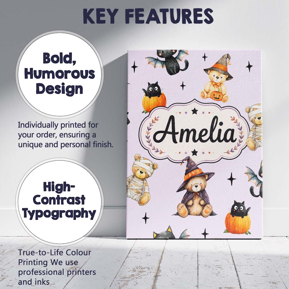 Personalised Name Cute Halloween Teddy Custom Modern Room Accent Elegant Feature Canvas Wall Art Print Decor Picture Ready to Hang
