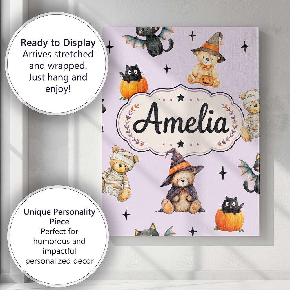 Personalised Name Cute Halloween Teddy Custom Modern Room Accent Elegant Feature Canvas Wall Art Print Decor Picture Ready to Hang