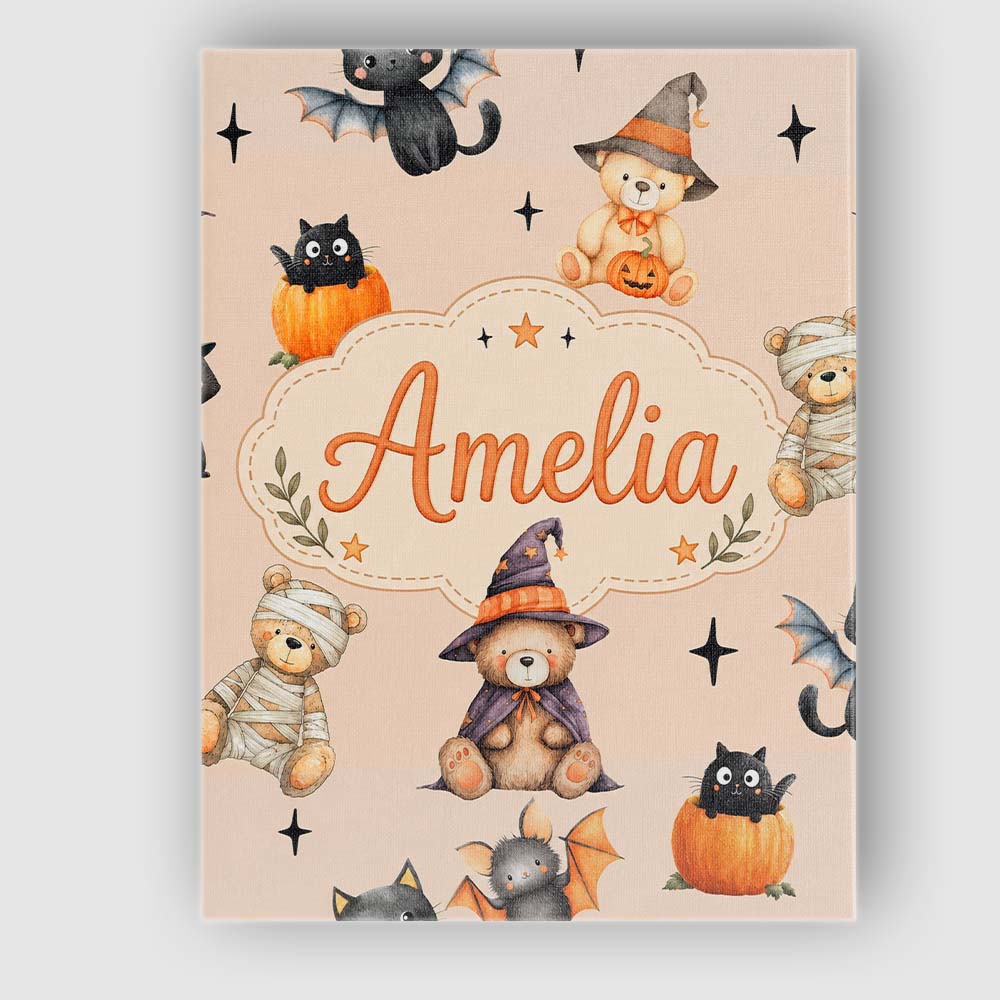 Personalised Name Cute Halloween Teddy Custom Modern Room Accent Elegant Feature Canvas Wall Art Print Decor Picture Ready to Hang