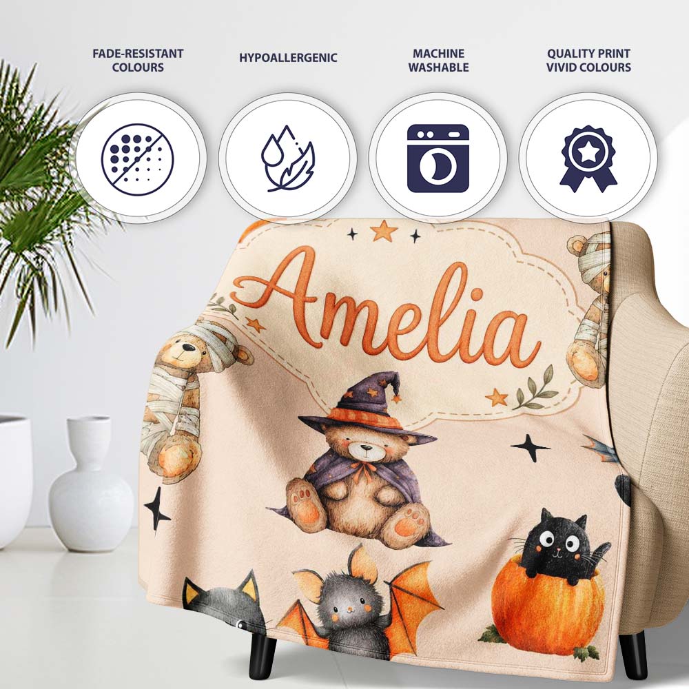 Cute Halloween Teddy Bears Mummy Witch Cat Pumpkin Stars Beige Personalised Custom Name Super Soft Fleece Blanket Bed Sofa Throw