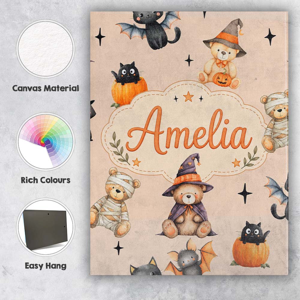 Personalised Name Cute Halloween Teddy Custom Modern Room Accent Elegant Feature Canvas Wall Art Print Decor Picture Ready to Hang