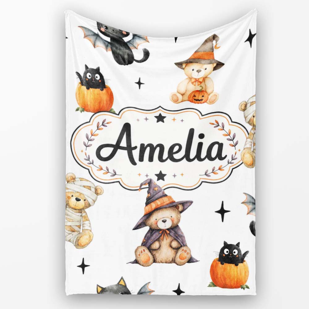 Cute Halloween Teddy Bears Bats Pumpkin UK Seamless Pattern Name Personalised Custom Name Super Soft Fleece Blanket Bed Sofa Throw