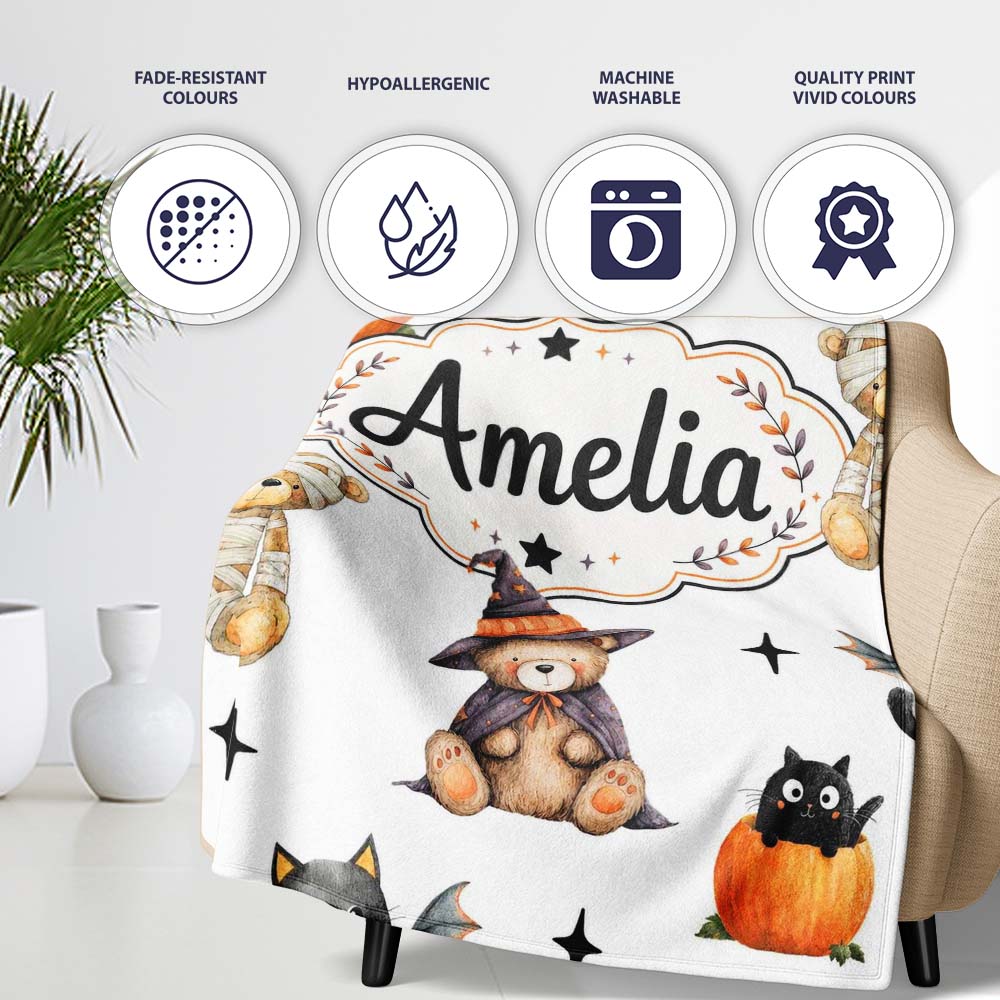 Cute Halloween Teddy Bears Bats Pumpkin UK Seamless Pattern Name Personalised Custom Name Super Soft Fleece Blanket Bed Sofa Throw