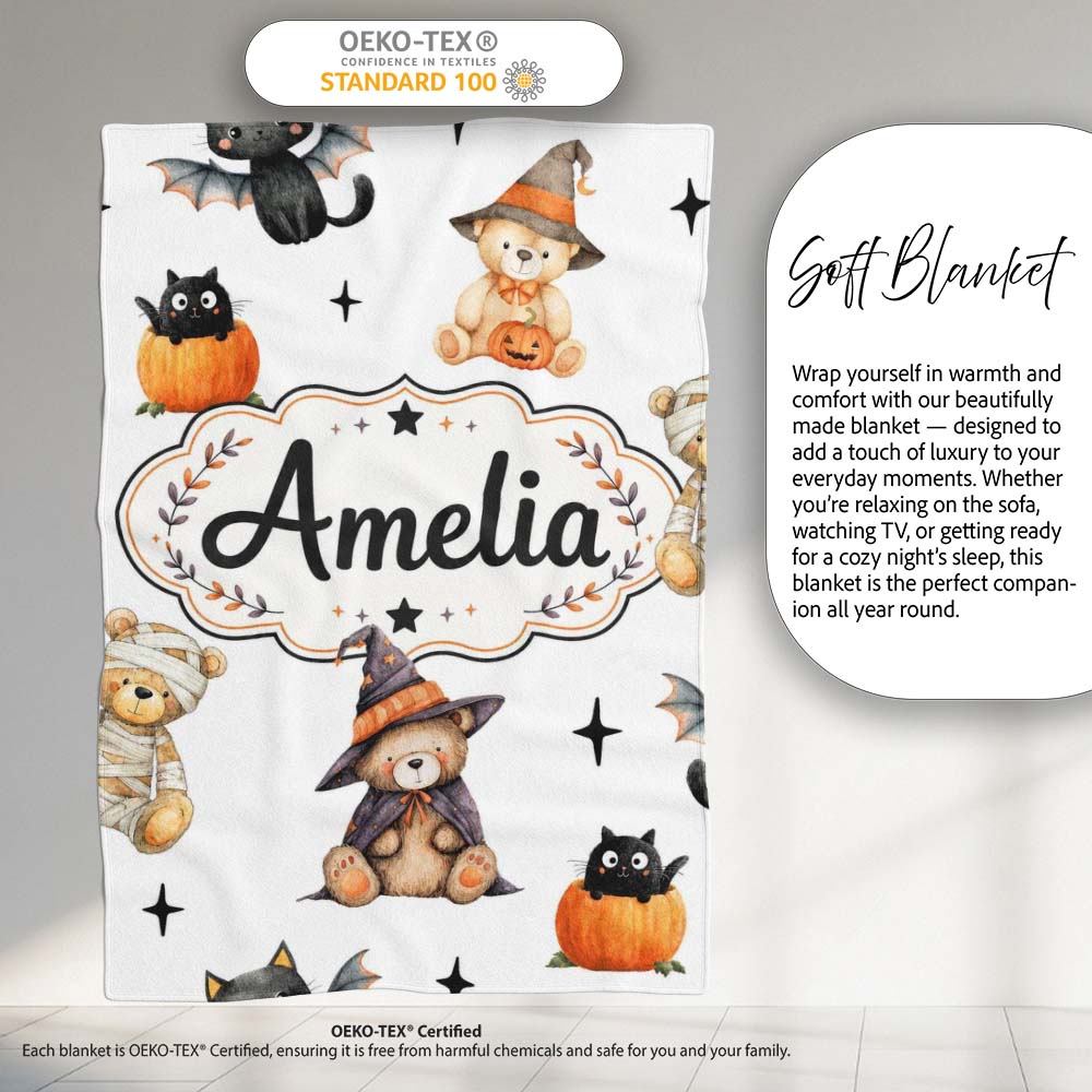 Cute Halloween Teddy Bears Bats Pumpkin UK Seamless Pattern Name Personalised Custom Name Super Soft Fleece Blanket Bed Sofa Throw