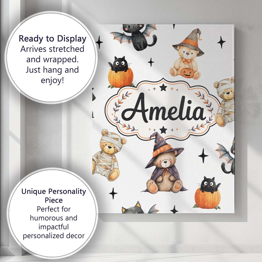 Personalised Name Cute Halloween Teddy Custom Modern Room Accent Elegant Feature Canvas Wall Art Print Decor Picture Ready to Hang