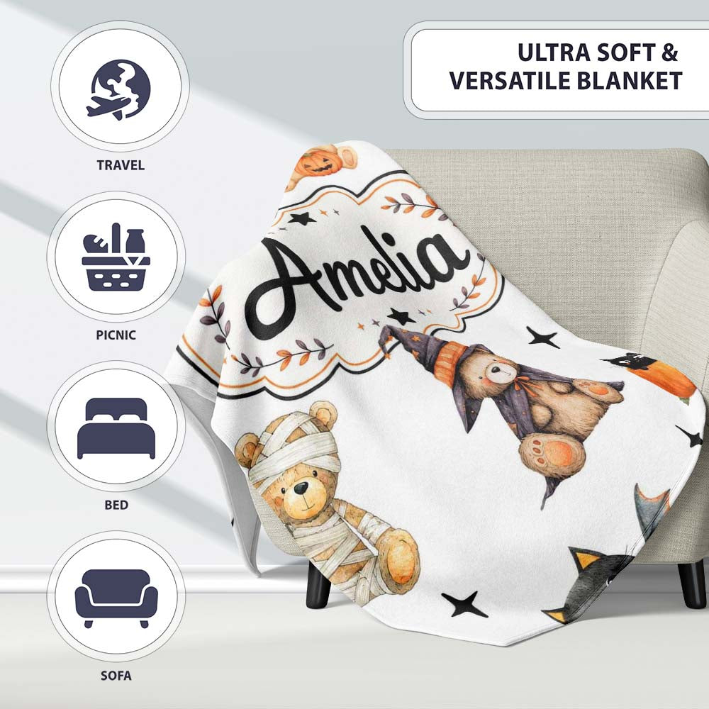 Cute Halloween Teddy Bears Bats Pumpkin UK Seamless Pattern Name Personalised Custom Name Super Soft Fleece Blanket Bed Sofa Throw
