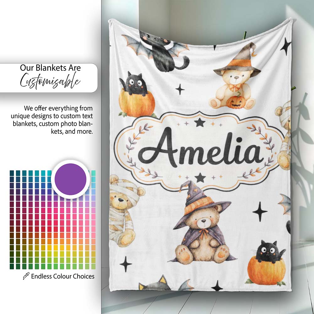Cute Halloween Teddy Bears Bats Pumpkin UK Seamless Pattern Name Personalised Custom Name Super Soft Fleece Blanket Bed Sofa Throw