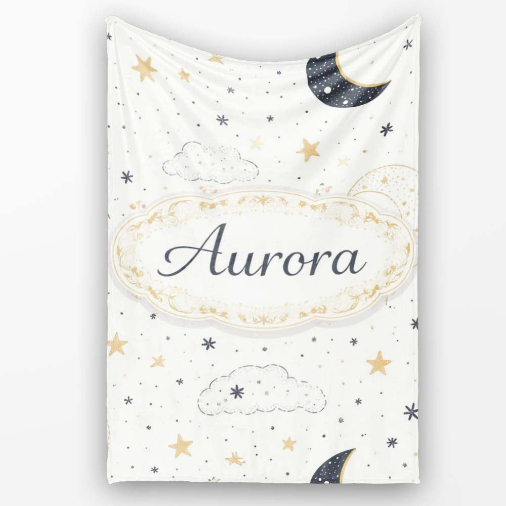Cute Moon Stars Clouds Nursery Neutral Seamless Pattern Lovely Personalised Custom Name Super Soft Fleece Blanket Bed Sofa Throw