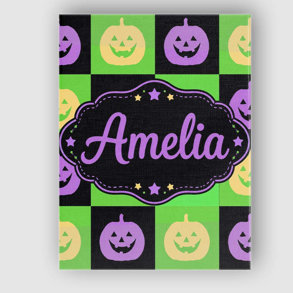 Personalised Name Halloween Pumpkin Checkerboard Purple Green Premium Decorative Design Canvas Wall Art Print Decor Picture Ready to Hang