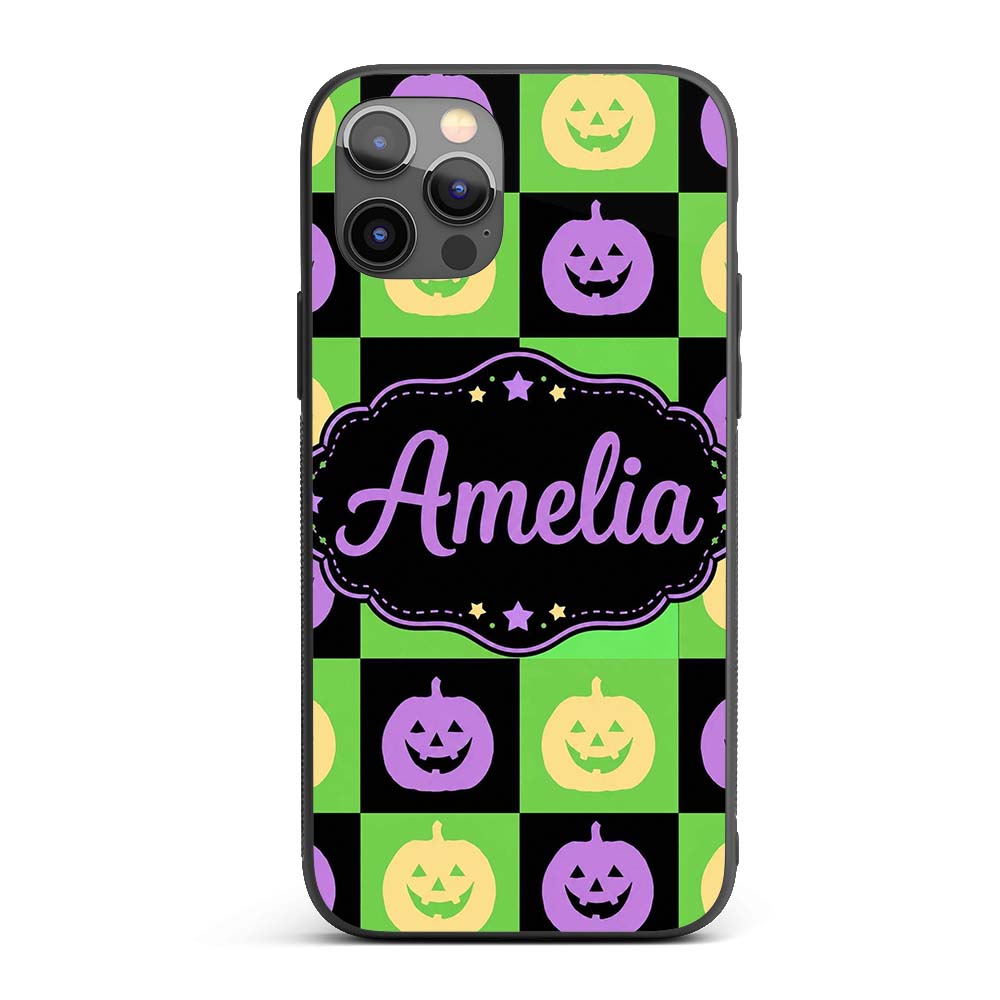 Halloween Pumpkin Checkerboard Printed Design Custom Name Protective Phone Case Mobile Cover Durable Everyday Smartphone Shock Resistant