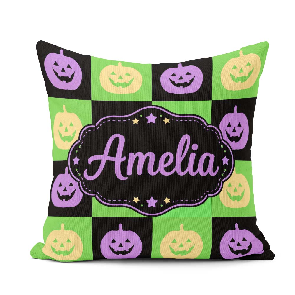 Custom Name Halloween Pumpkin Purple Green Seamless Pattern UK Square Filled Cushion Throw Pillow Sofa Bed Home Decor Zip Washable UK Made