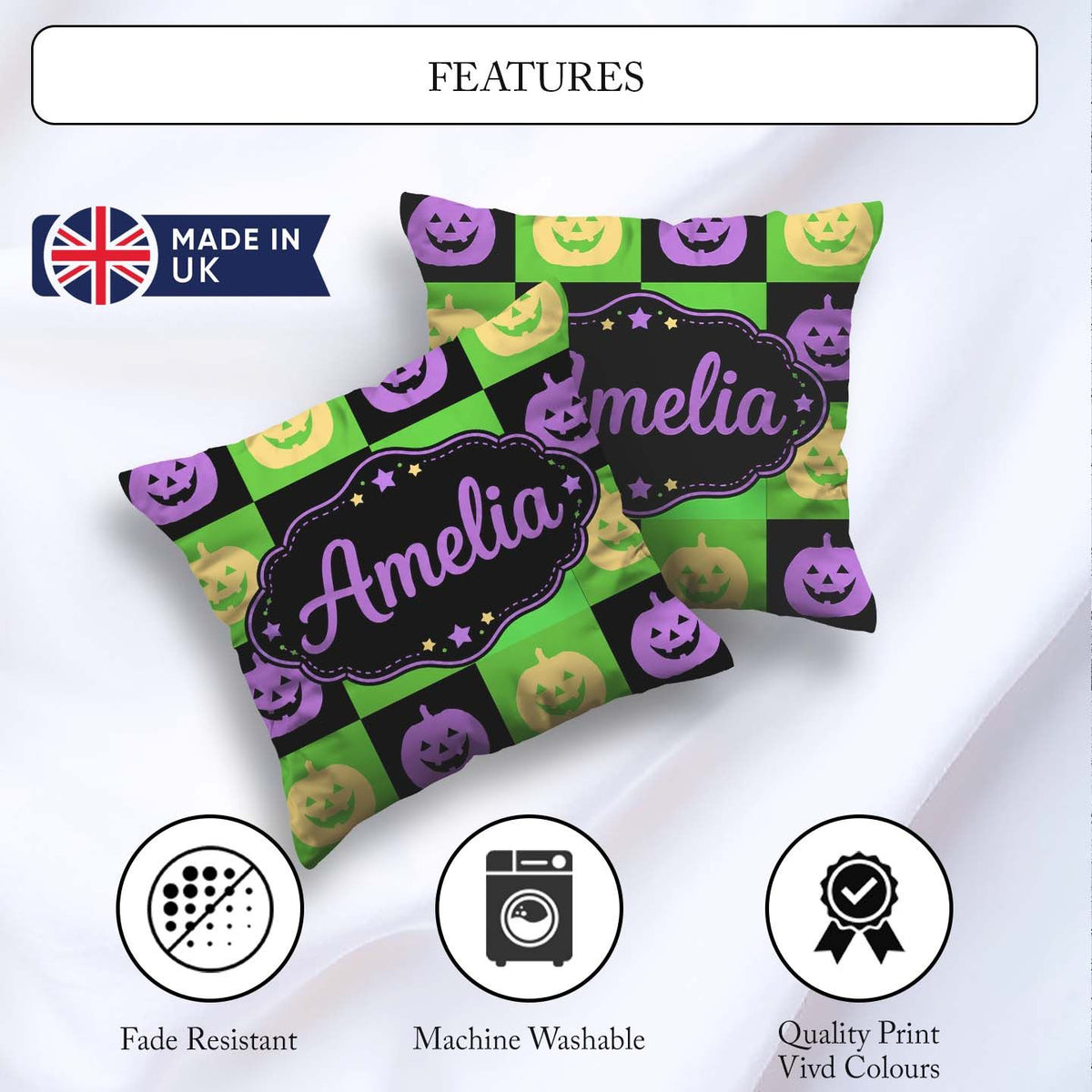 Custom Name Halloween Pumpkin Purple Green Seamless Pattern UK Square Filled Cushion Throw Pillow Sofa Bed Home Decor Zip Washable UK Made