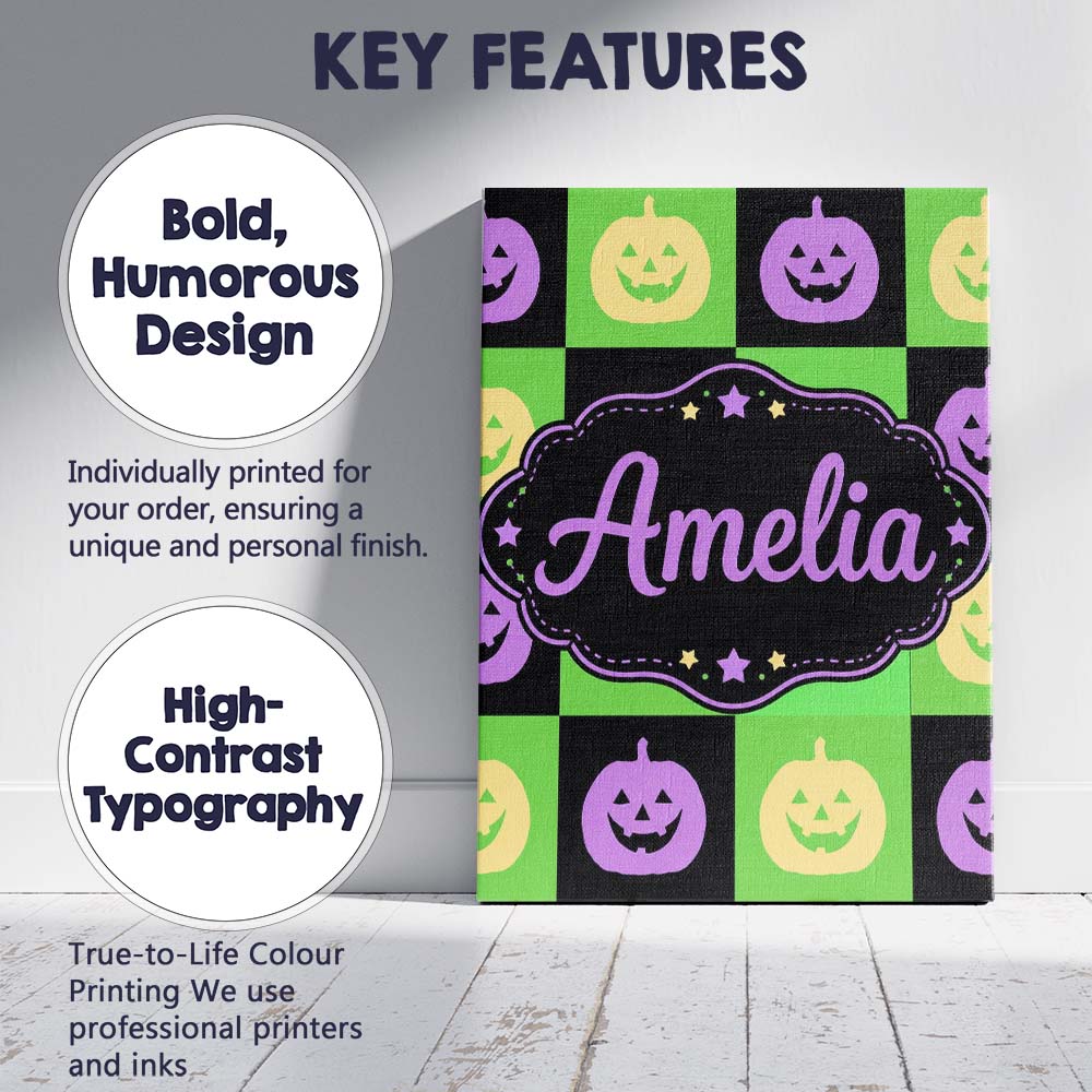 Personalised Name Halloween Pumpkin Checkerboard Purple Green Premium Decorative Design Canvas Wall Art Print Decor Picture Ready to Hang