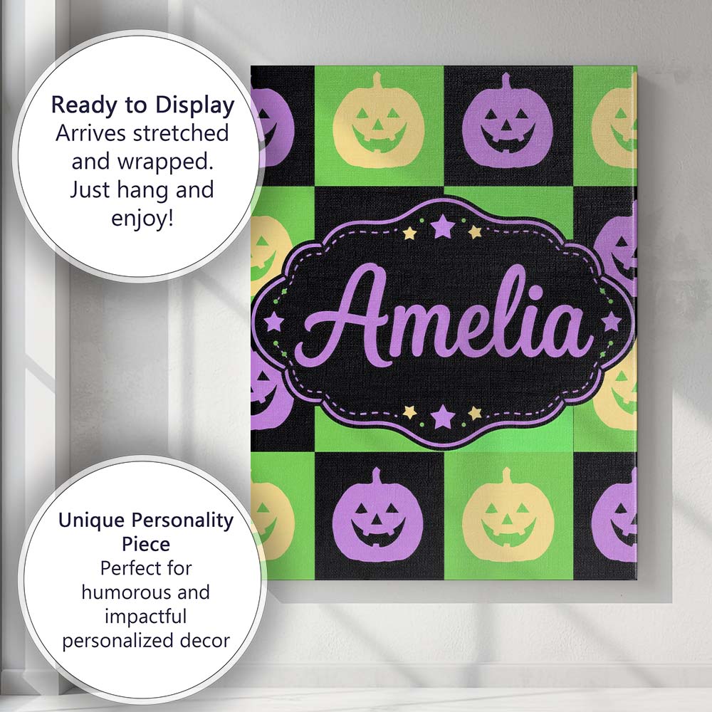 Personalised Name Halloween Pumpkin Checkerboard Purple Green Premium Decorative Design Canvas Wall Art Print Decor Picture Ready to Hang