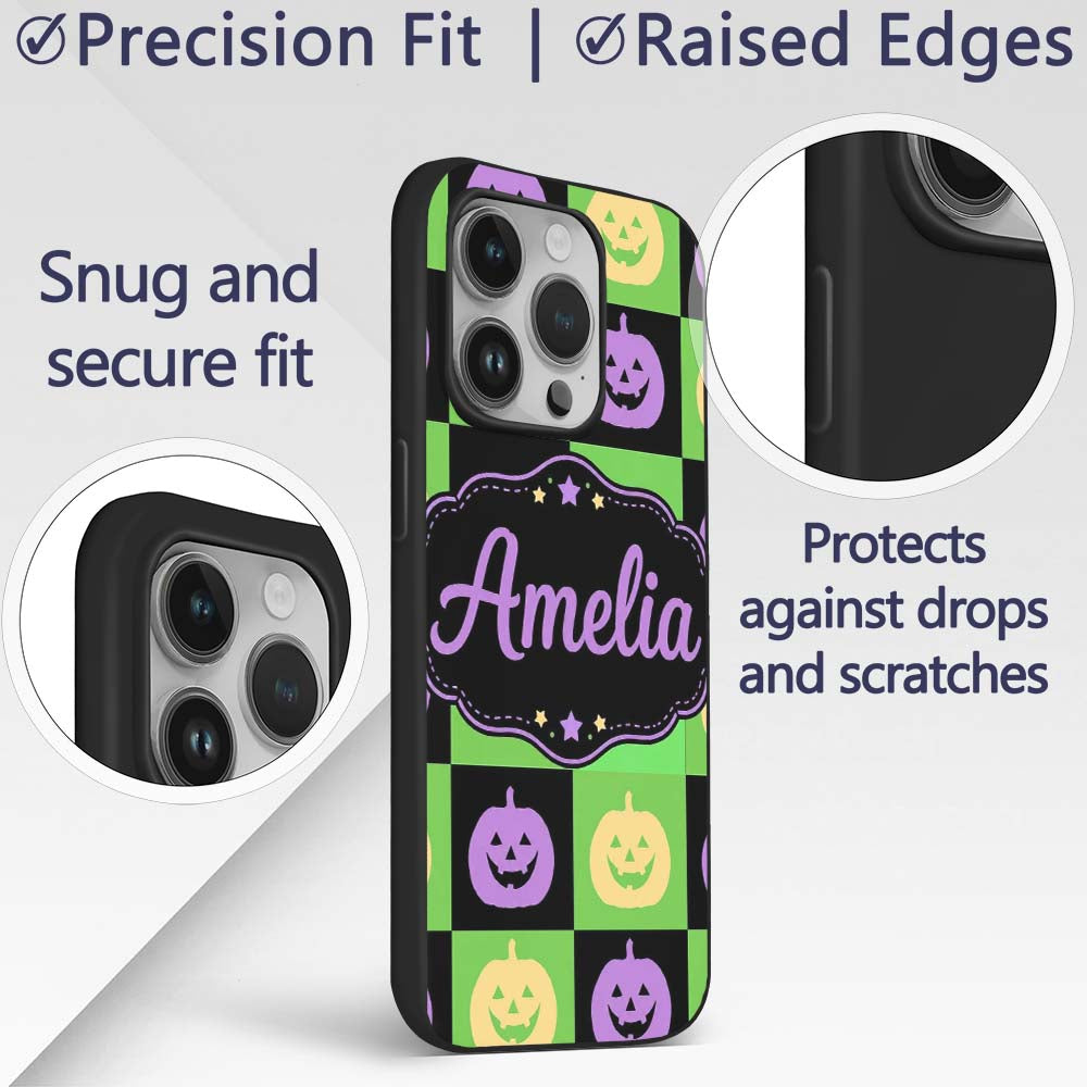 Halloween Pumpkin Checkerboard Printed Design Custom Name Protective Phone Case Mobile Cover Durable Everyday Smartphone Shock Resistant