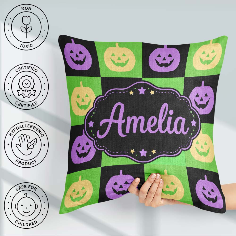 Custom Name Halloween Pumpkin Purple Green Seamless Pattern UK Square Filled Cushion Throw Pillow Sofa Bed Home Decor Zip Washable UK Made