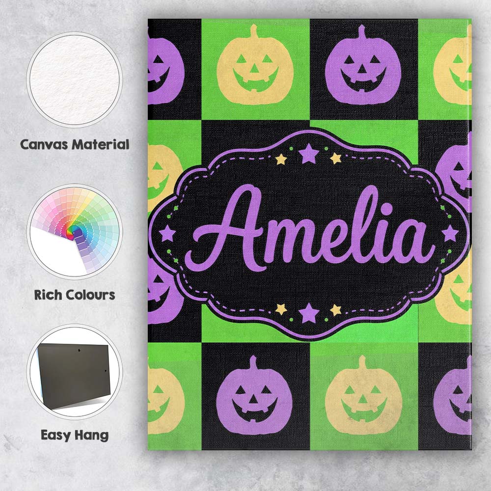Personalised Name Halloween Pumpkin Checkerboard Purple Green Premium Decorative Design Canvas Wall Art Print Decor Picture Ready to Hang