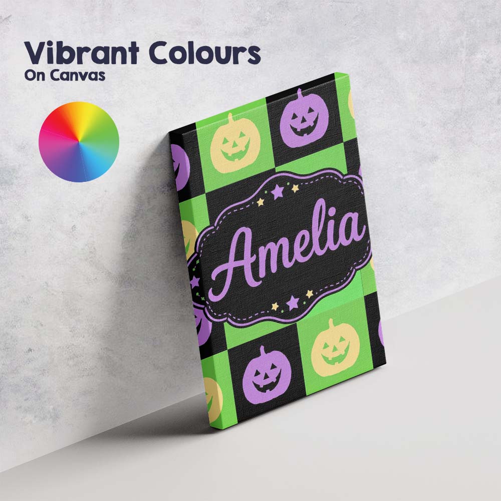Personalised Name Halloween Pumpkin Checkerboard Purple Green Premium Decorative Design Canvas Wall Art Print Decor Picture Ready to Hang