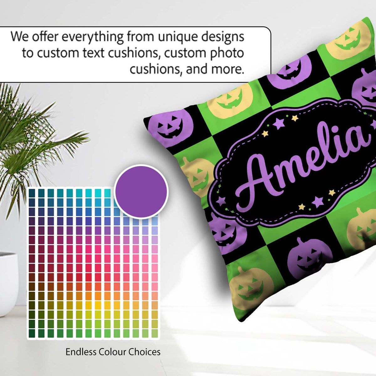 Custom Name Halloween Pumpkin Purple Green Seamless Pattern UK Square Filled Cushion Throw Pillow Sofa Bed Home Decor Zip Washable UK Made