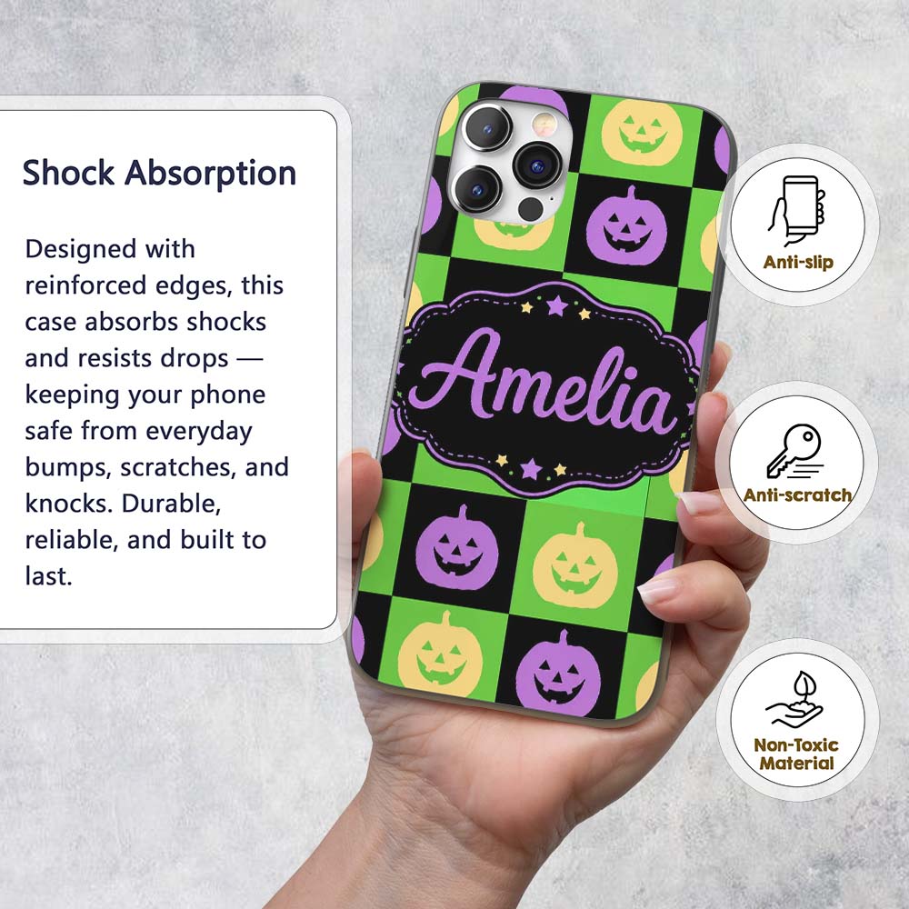 Halloween Pumpkin Checkerboard Printed Design Custom Name Protective Phone Case Mobile Cover Durable Everyday Smartphone Shock Resistant