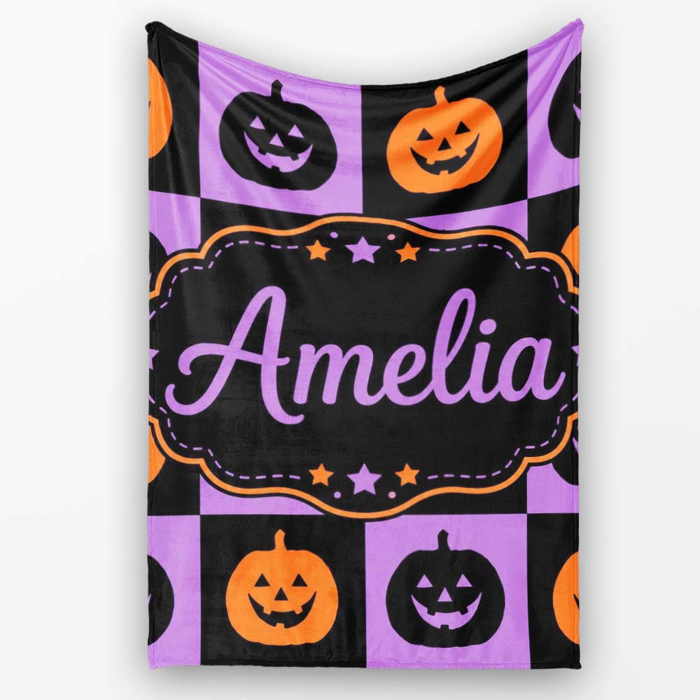 Black Orange Pumpkin Checkerboard Halloween Seamless Pattern UK Personalised Custom Name Super Soft Fleece Blanket Bed Sofa Throw
