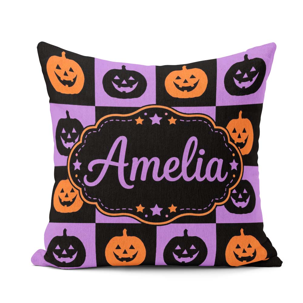 Custom Name Black Orange Pumpkin Halloween Seamless Pattern UK Square Filled Cushion Throw Pillow Sofa Bed Home Decor Zip Washable UK Made