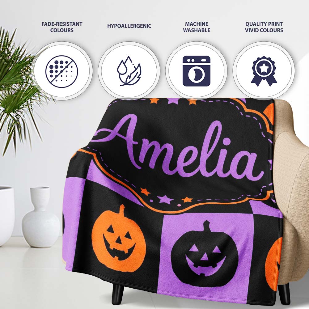 Black Orange Pumpkin Checkerboard Halloween Seamless Pattern UK Personalised Custom Name Super Soft Fleece Blanket Bed Sofa Throw